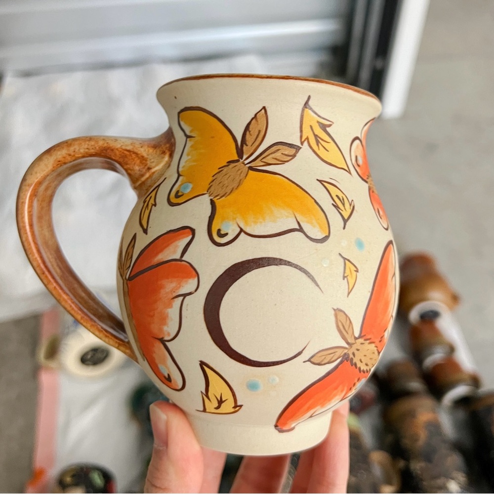 Pitch Pine Pottery painted autumn meadow moths mug